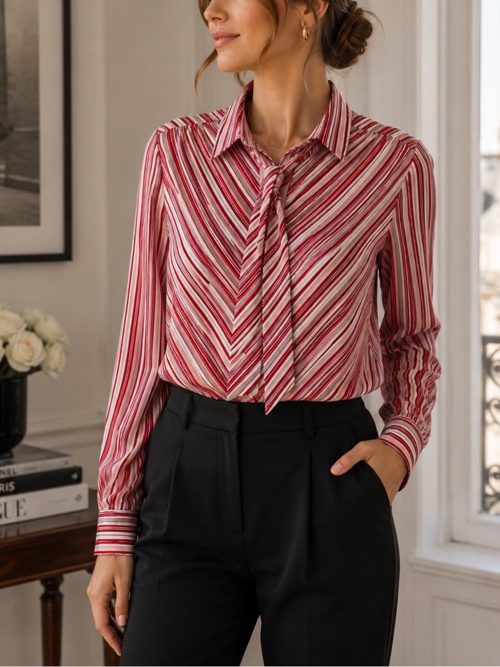 Vintage 70s Alice Stuart Pink Red White Striped Tie-Neck Blouse Librarian